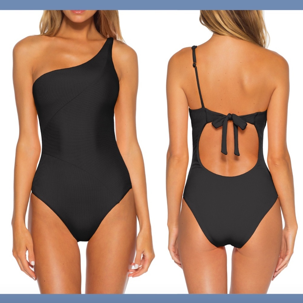 NEW $128 Becca Fine Line One-Shoulder‎ One-Piece Swimsuit Black [ SZ Small ]